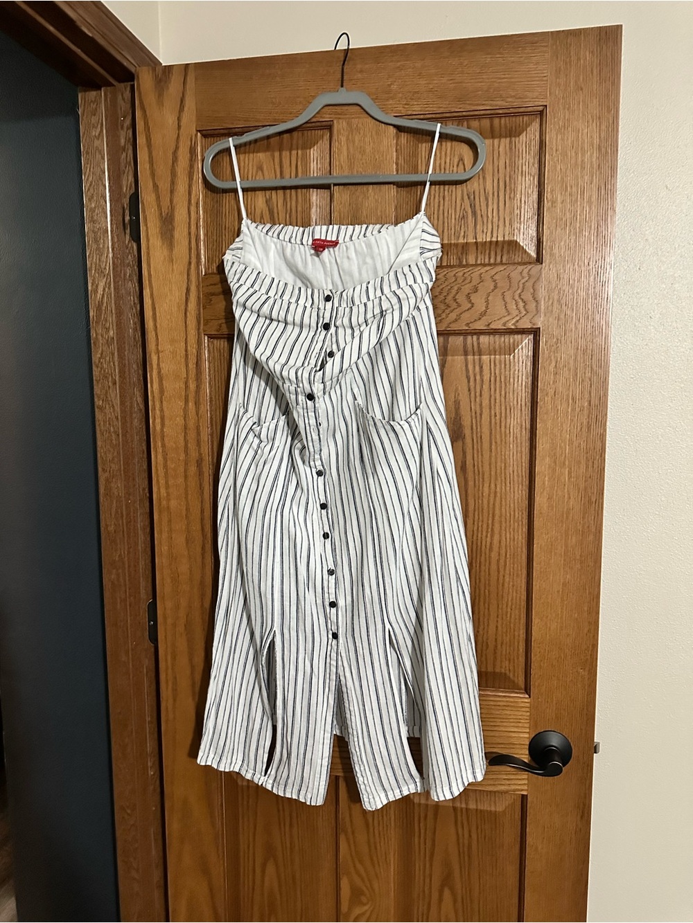 Saks Fifth Avenue White Strapless Button-Front Dress with Black Stripes